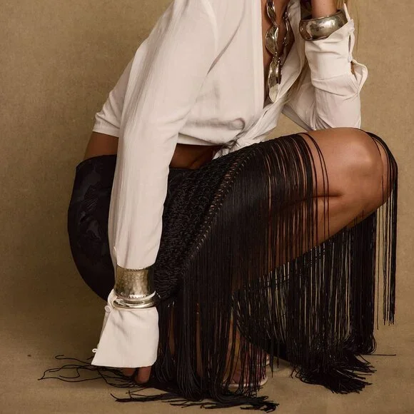 12th Tribe Black Satin Fringe Skirt NEW with Tags - Picture 2 of 5